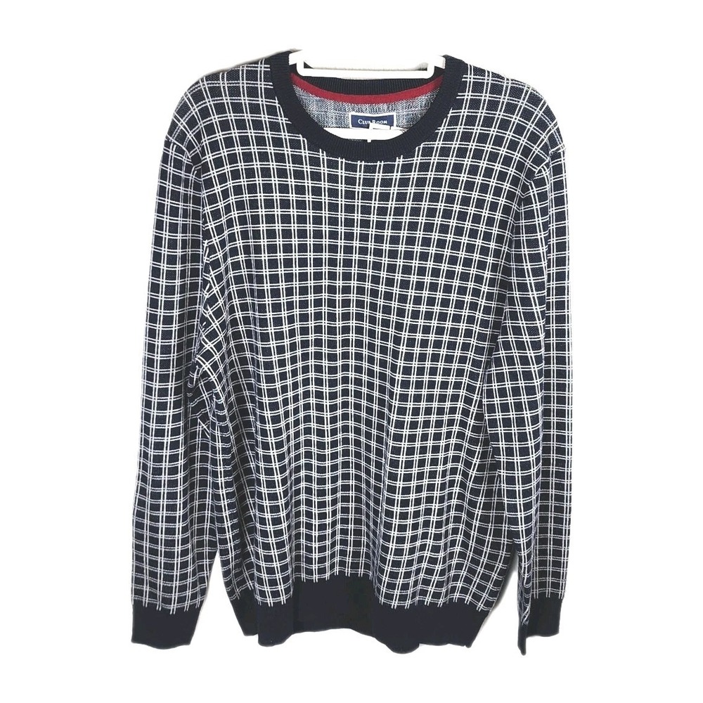 Club‎ Room Clean Check Merino Wool Blend Sweater Mens Large Navy Blue White NEW
